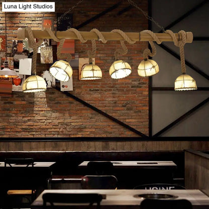 DecorBites™ Farmhouse Wood Bowl Shade Pendant Lighting with 6 Fabric Island Lights for Restaurants
