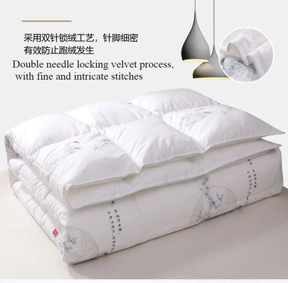 White goose down quilt with delicate floral embroidery and chinese calligraphy crafted with double needle locking velvet stitching