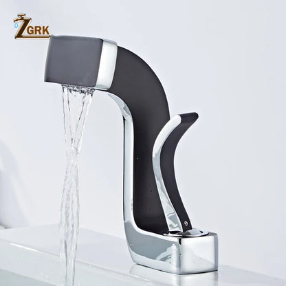 Black and chrome luxury waterfall single hole faucet with sleek curved design and durable brass housing material for bathroom use