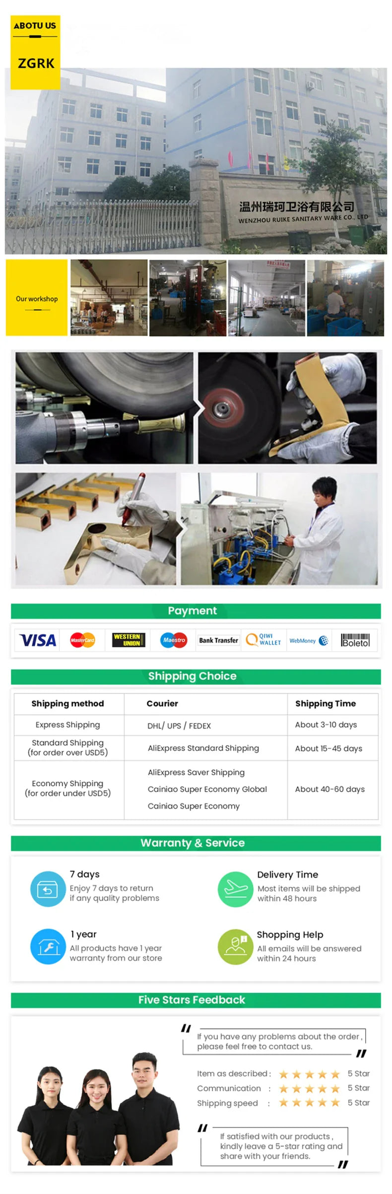 The zgrk promotional flyer shows their factory and single hole gold black chrome faucet with brass housing material