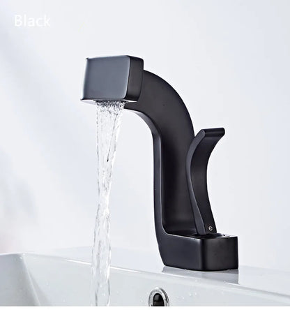 Black matte single hole bathroom faucet with brass housing material and sleek waterfall spout for luxury washbasins