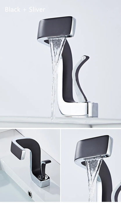 Modern black and silver single hole brass bathroom faucet with sleek angular design and durable housing material for luxury use