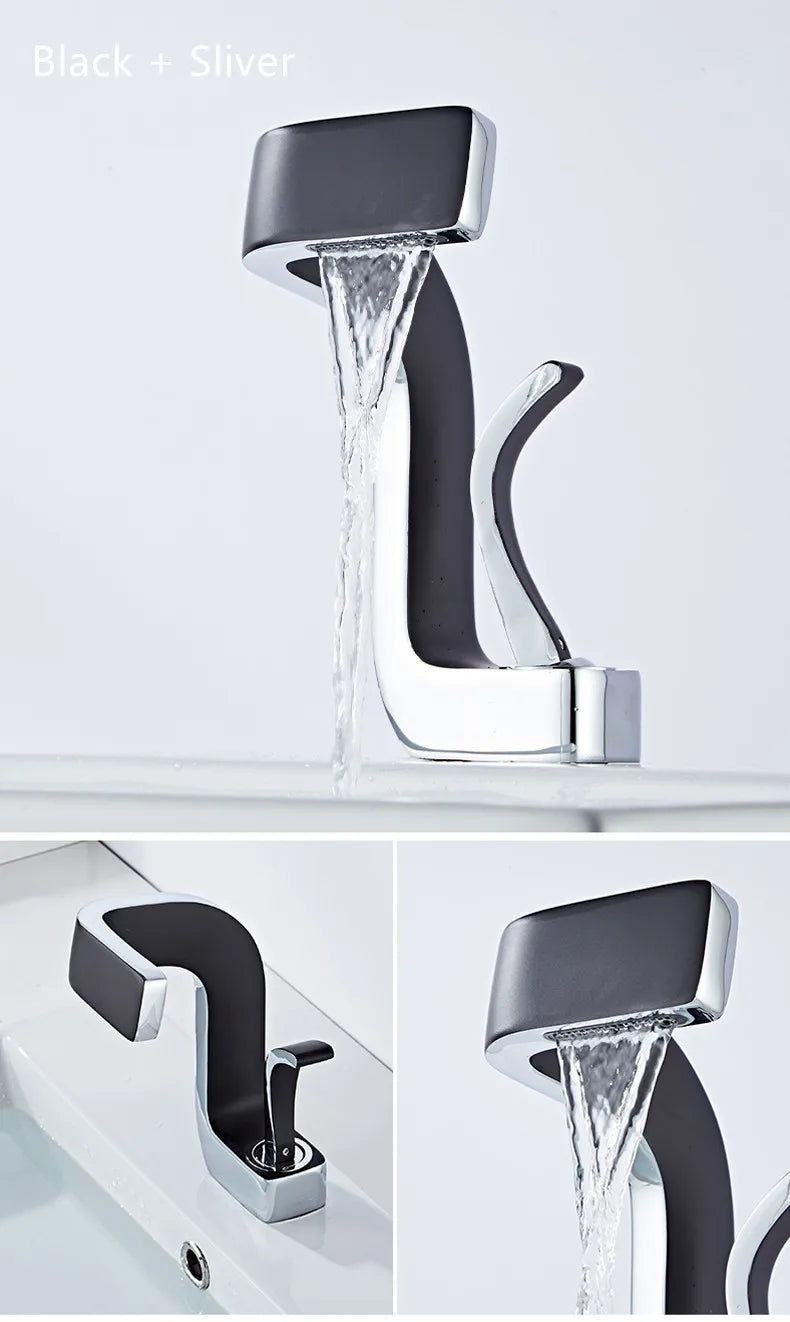 Modern black and silver single hole brass bathroom faucet with sleek angular design and durable housing material for luxury use