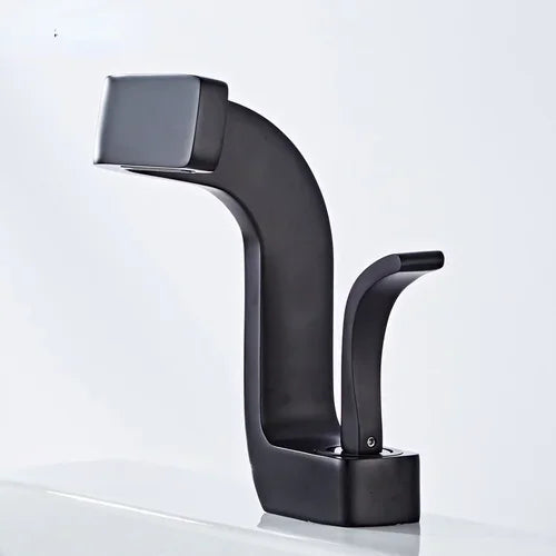 Modern matte black single hole brass faucet with sleek curved design and square spout for luxury bathroom use
