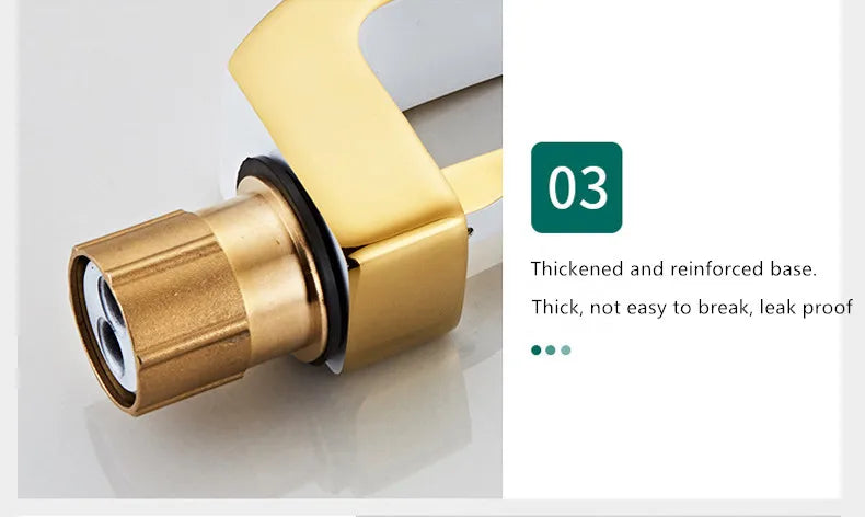 Gold-colored brass single hole bathroom faucet with thickened reinforced base housing material for durability