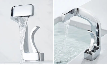 Modern chrome single hole bathroom faucet with sleek angular design curved spout brass housing material