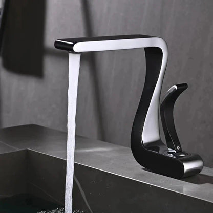 Modern black and chrome single hole waterfall faucet with brass housing material for luxury bathroom use