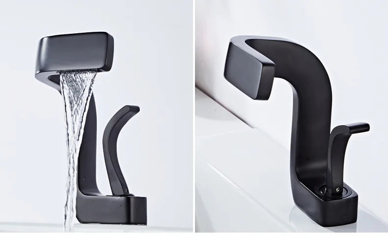 Modern matte black single hole brass bathroom faucet with waterfall spout and sleek angular design housing material