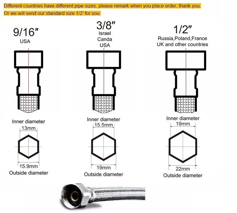 Silver metallic braided hose connector with hexagonal threaded ends for single hole brass faucet housing material