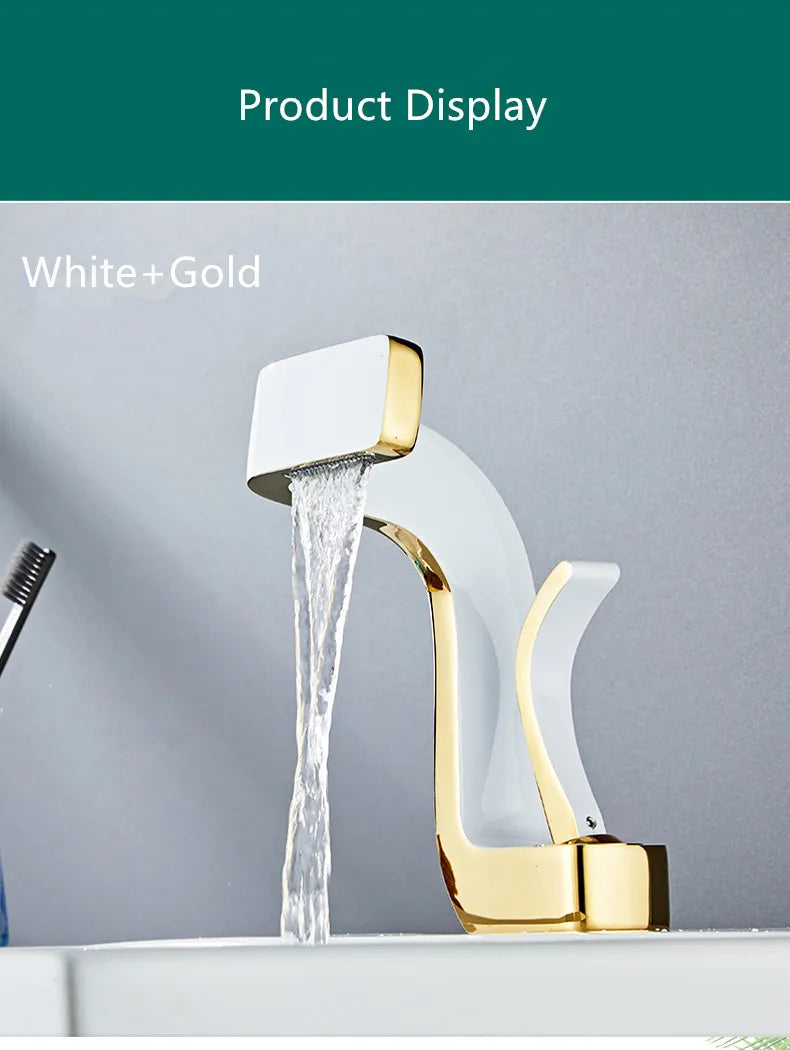 White and gold single hole luxury bathroom faucet with brass housing material and sleek curved waterfall design