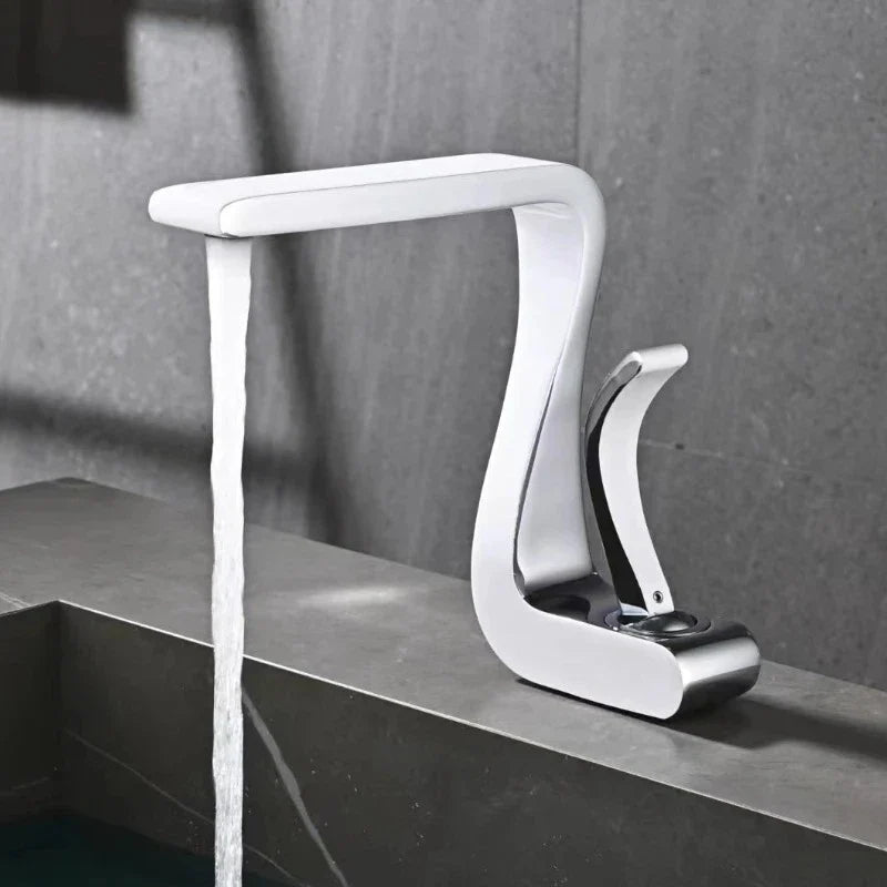 Modern white and chrome single hole bathroom faucet with sleek curved design and durable brass housing material for hot and cold water