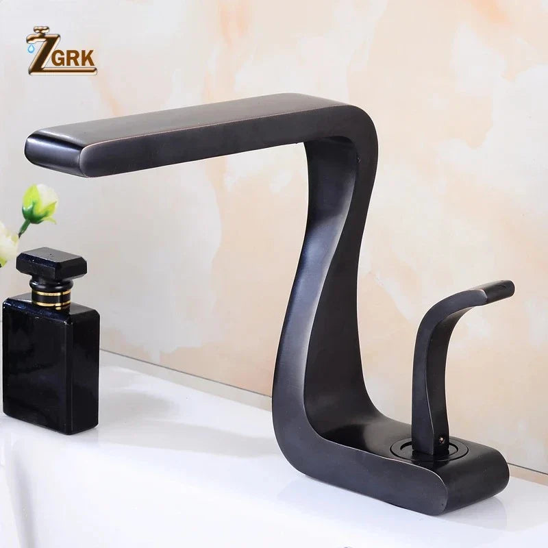Black matte single hole bathroom faucet with brass housing material sleek curved design and single handle mixer tap