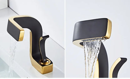 Modern black and gold single hole faucet with brass housing material for luxury bathroom waterfall taps hot and cold mixer