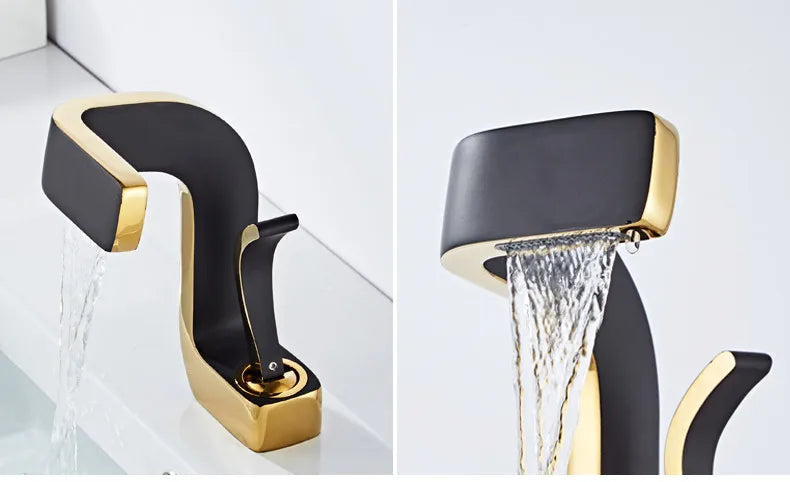 Modern black and gold single hole faucet with brass housing material for luxury bathroom waterfall taps hot and cold mixer