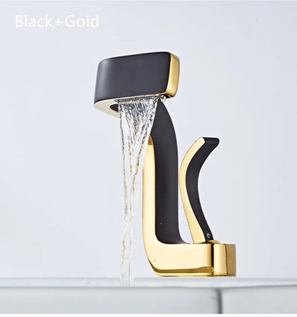 Black and gold modern single hole brass bathroom faucet with sleek angular design and durable housing material for hot and cold water