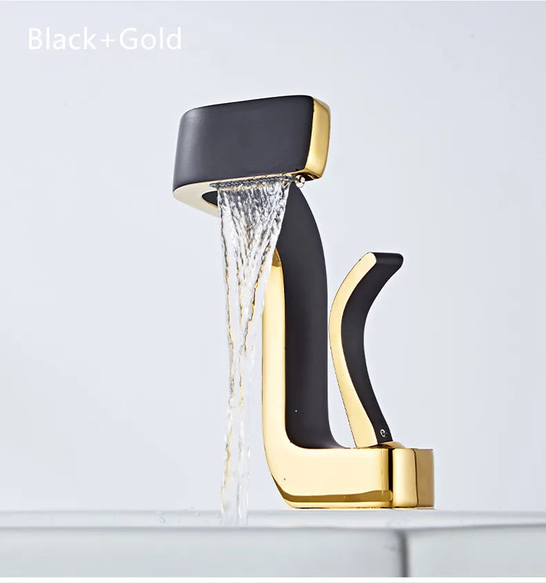Black and gold modern single hole brass bathroom faucet with sleek angular design and durable housing material for hot and cold water
