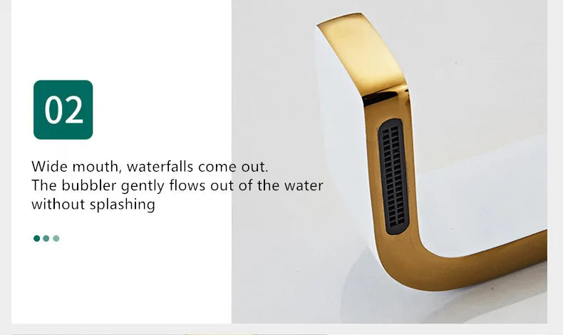 Gold-colored single hole brass faucet with wide mouth waterfall spout featuring sleek metallic housing material finish