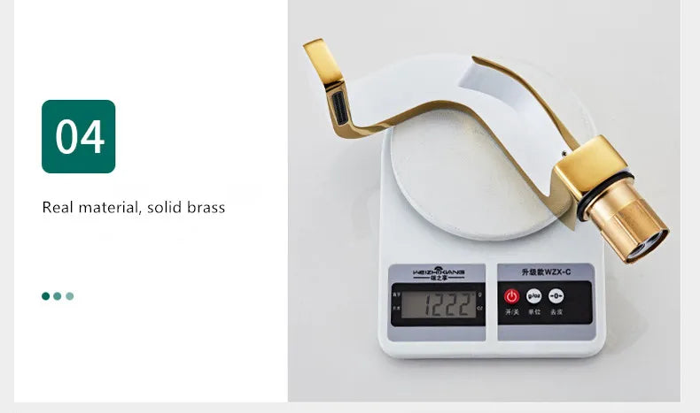 Gold-toned solid brass single hole bathroom faucet with polished finish and sleek curved design housing material brass