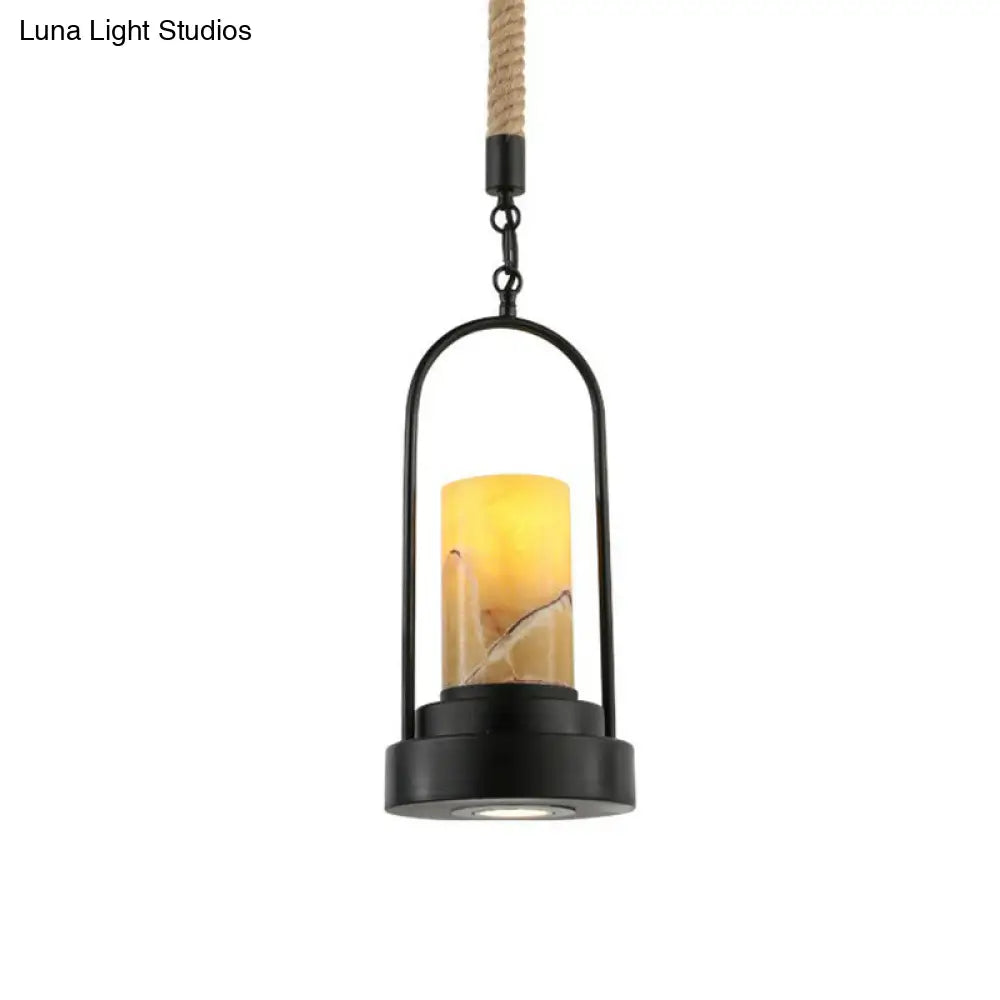 Faux Candle Wine Bar Pendant Lamp - Rural Marble, 1-Light - Black Hanging Light with Arched Frame & Rope Detail