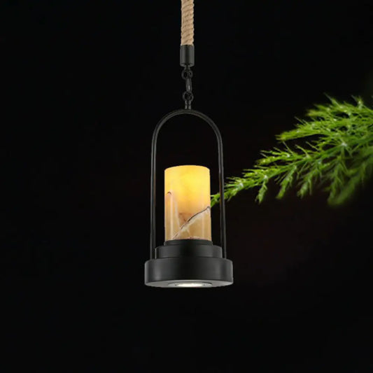 Faux Candle Wine Bar Pendant Lamp - Rural Marble, 1-Light - Black Hanging Light with Arched Frame & Rope Detail