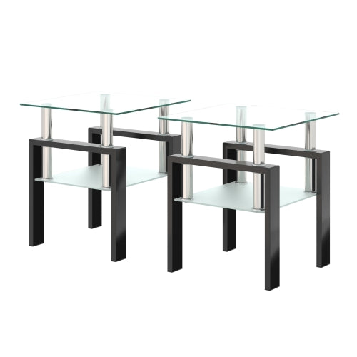 Juego de 2, Mesa de Té de Vidrio Templado Moderna, Mesa de Café, Mesa Auxiliar, Mesa Cuadrada para Sala de Estar, Transparente Negra