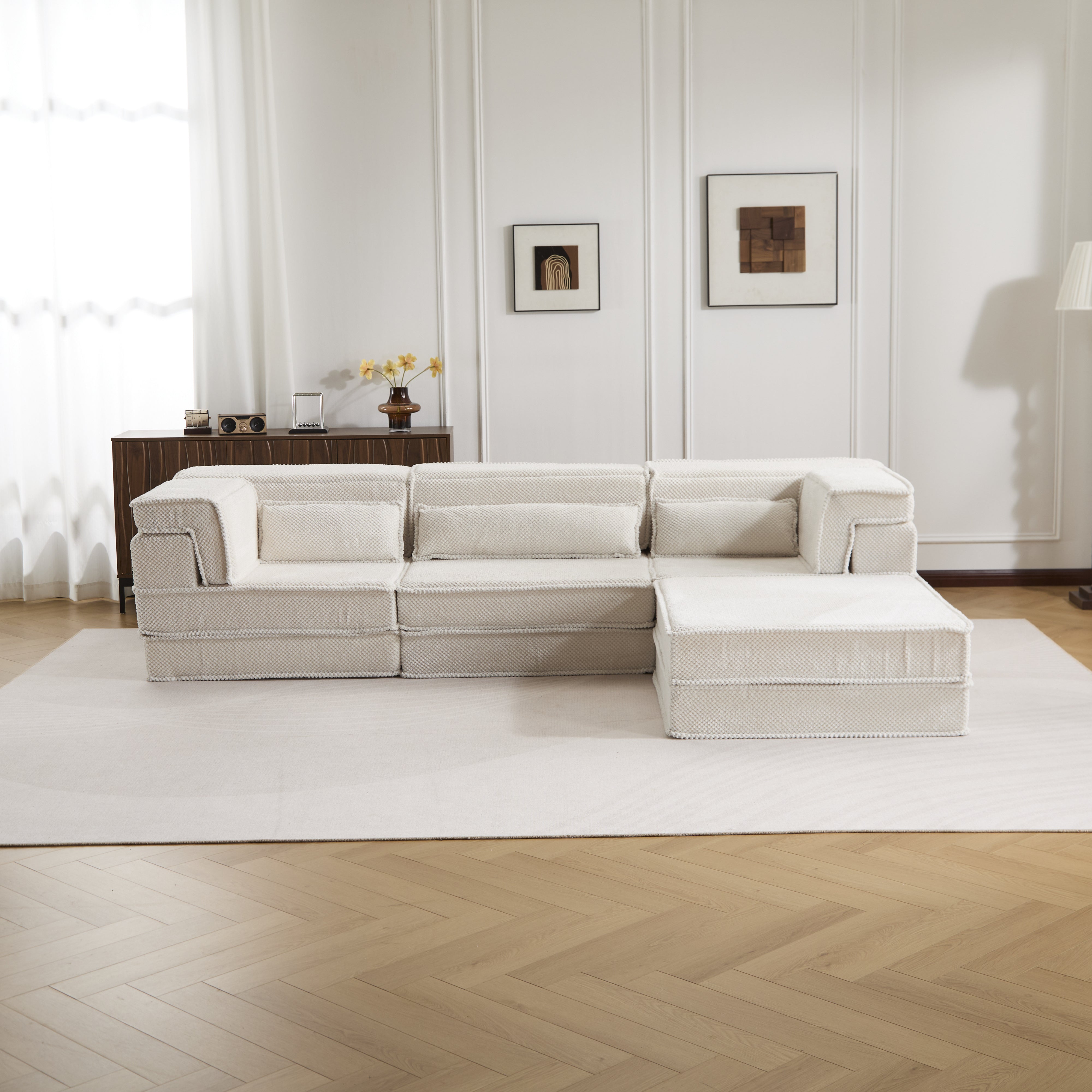 Sofá Mahjong de Compresión, Sofá Cama Convertible para el Suelo, Sofá Seccional Modular sin Huesos DIY, Sin Ensamblaje Requerido, Tejido de Lana de Círculo, Para 4 Personas de Tamaño Excesivo con 3 Almohadas, Blanco