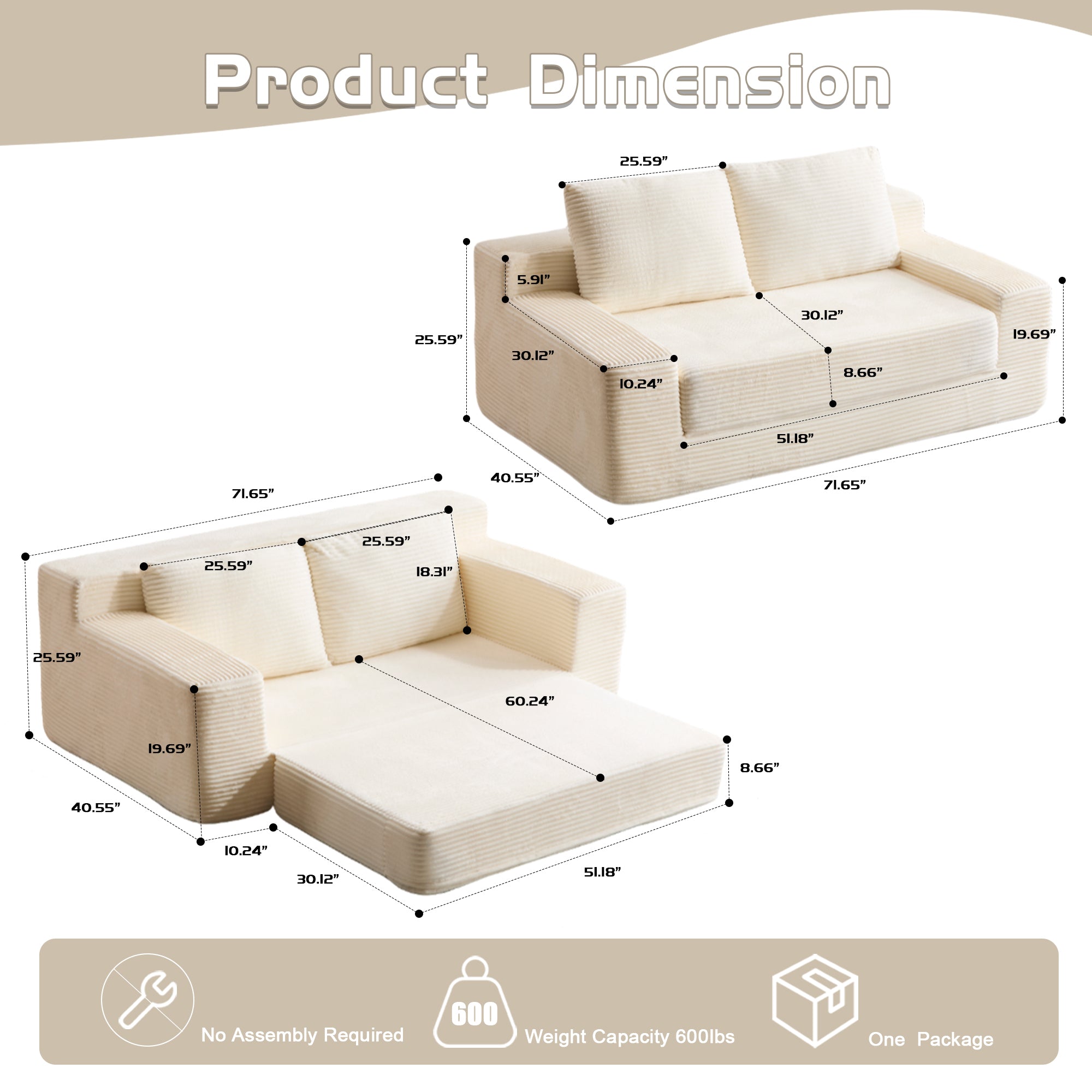 Sofá tipo Loveseat, Sofá cama con asiento profundo cómodo, Sofá moderno pequeño de corduroy para sala de estar o dormitorio, Cojín reversible con almohadas, Sin necesidad de ensamblaje, Blanco