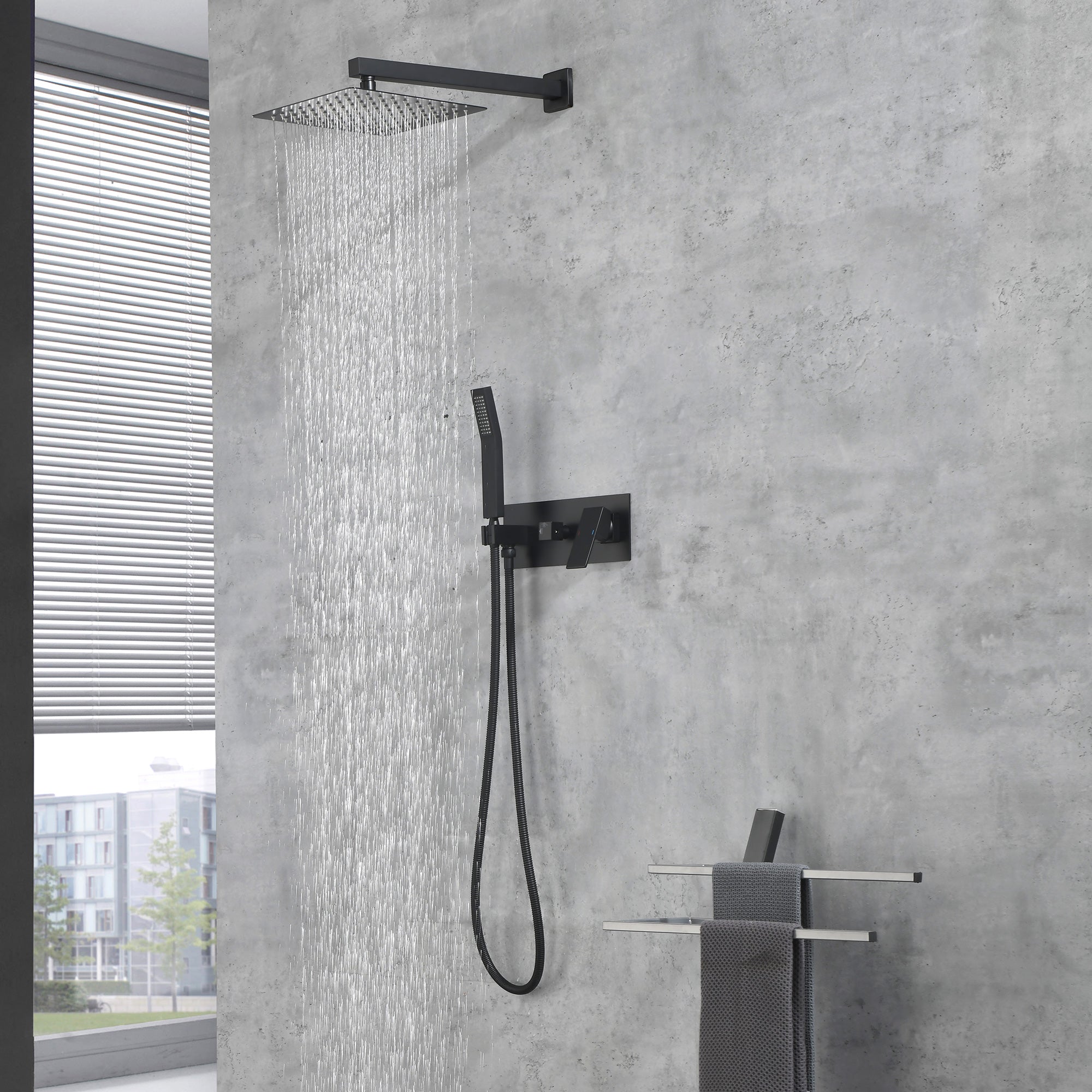Grifo de Ducha en Latón Negro Mate con Sistema de Ducha, Cabezal de Ducha de 10 Pulgadas y Pulverizador Portátil, Combinación de Grifo de Baño Deluxe