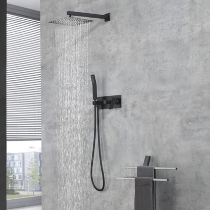 Brass Matte Black Shower Faucet With Shower System, 10 Inch Shower Head And Handheld Spray Bathroom Deluxe Faucet Combination