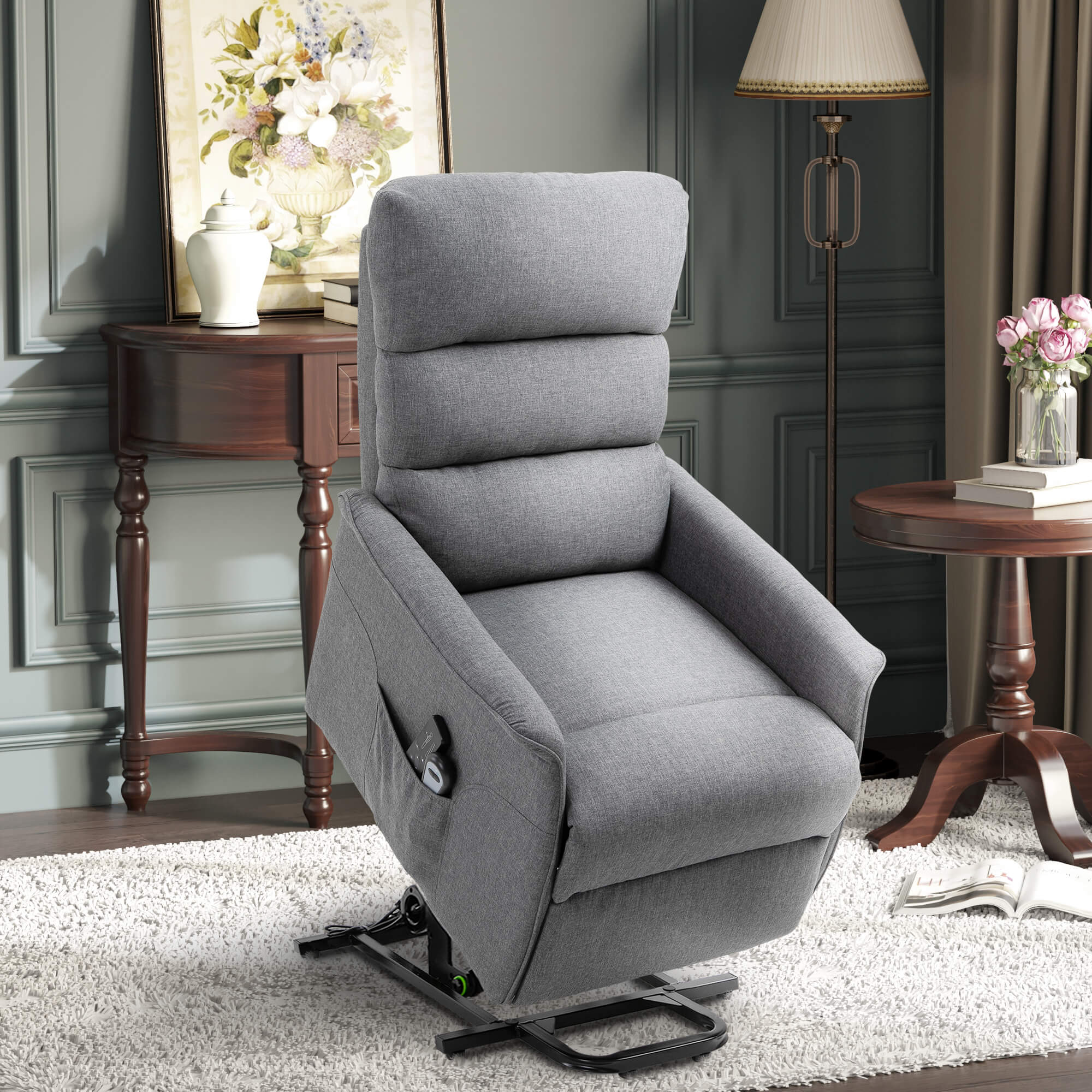 Silla Reclinable con Asistencia de Elevación Eléctrica para Ancianos, Tela de Lino, Control Remoto, Sofá Eléctrico, Gris
