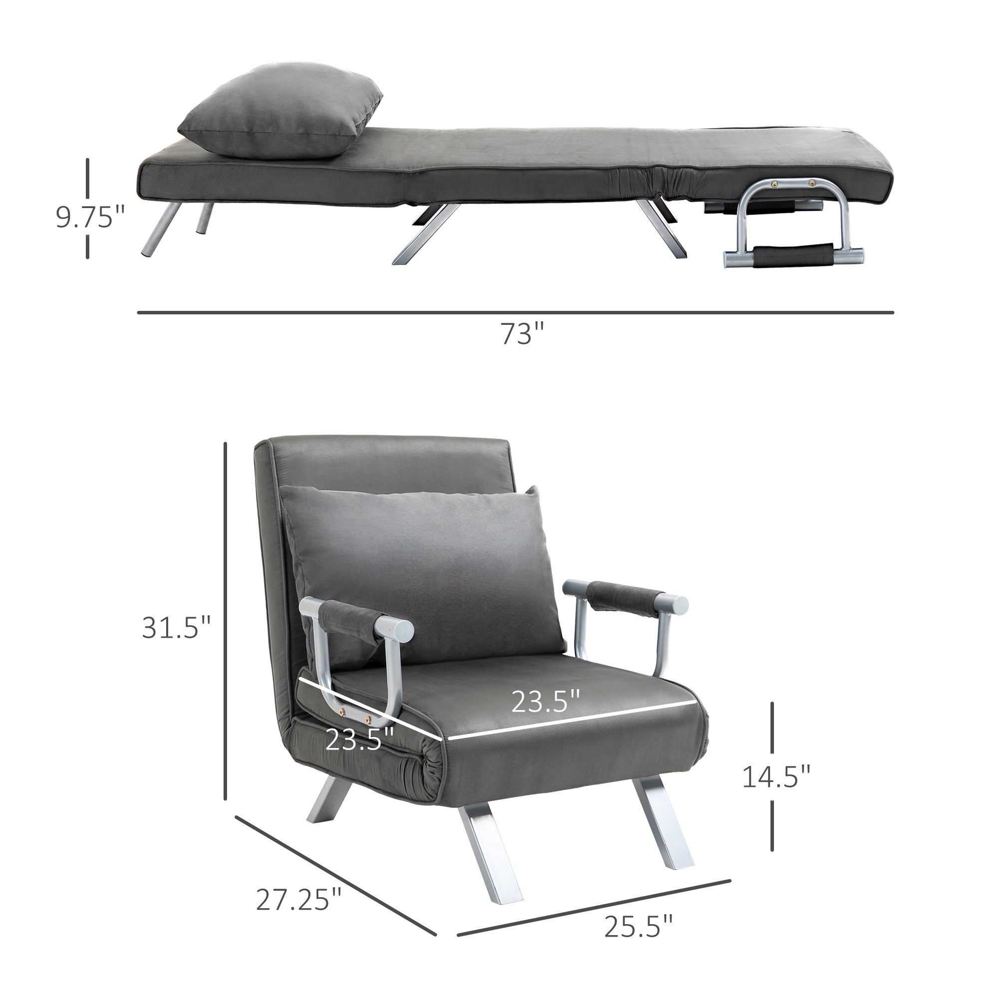 Sofá Cama Convertible Plegable de 5 Posiciones Silla de Dormir con Almohada Estructura de Acero Gris Oscuro