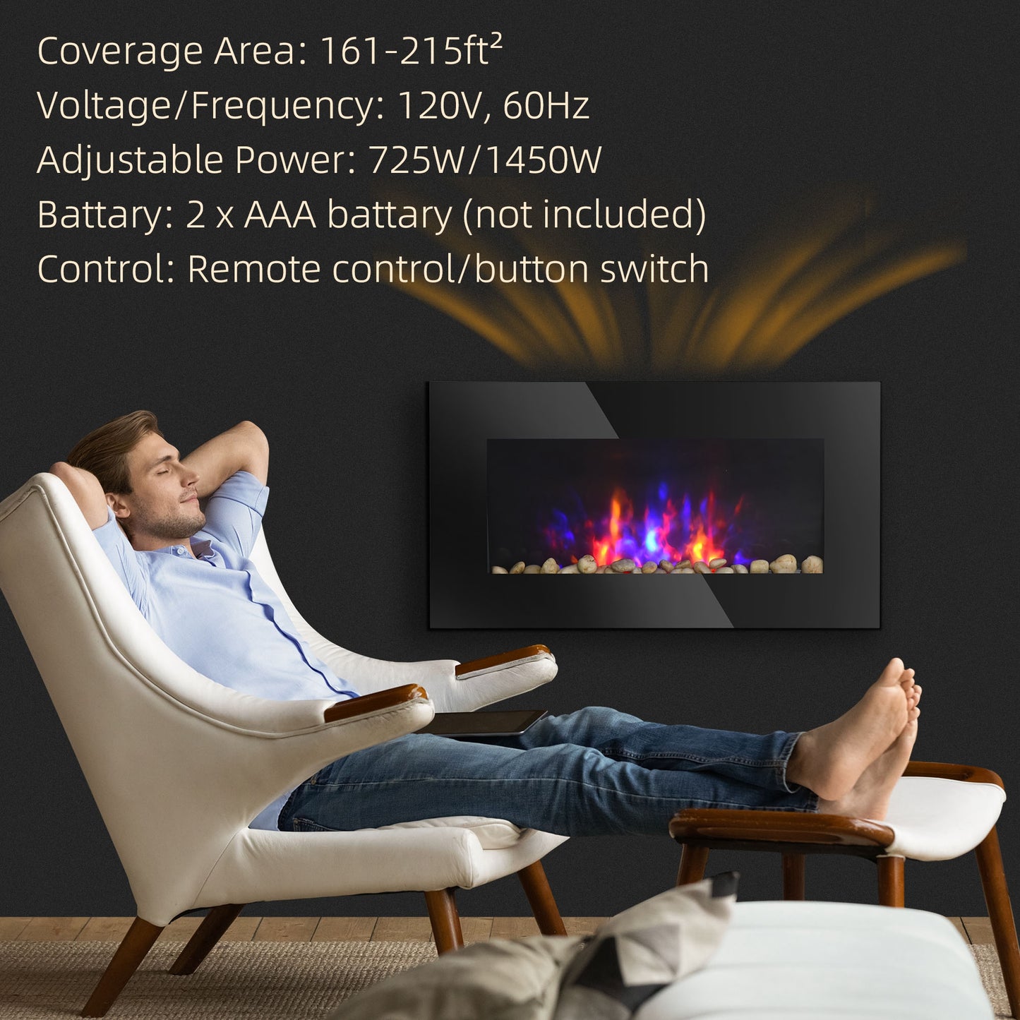 28.5" 1450W Electric Wall-Mounted Fireplace with Flame Effect
