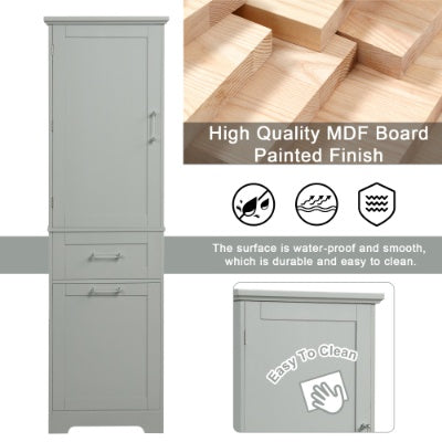 Hohes Badezimmerschrank, Freistehender Stauraumschrank mit Schubladen in zwei verschiedenen Größen und einstellbarem Regal, MDF-Platte mit lackierter Oberfläche, Grau