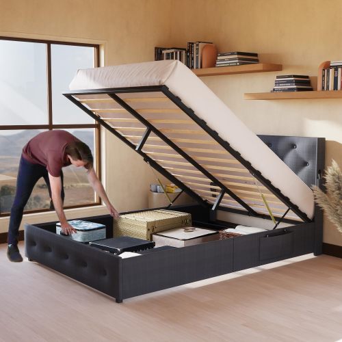 Queen Size Bed Frame With Storage - Lift Up Storage Bed With Modern Wingback Headboard, USB Ports