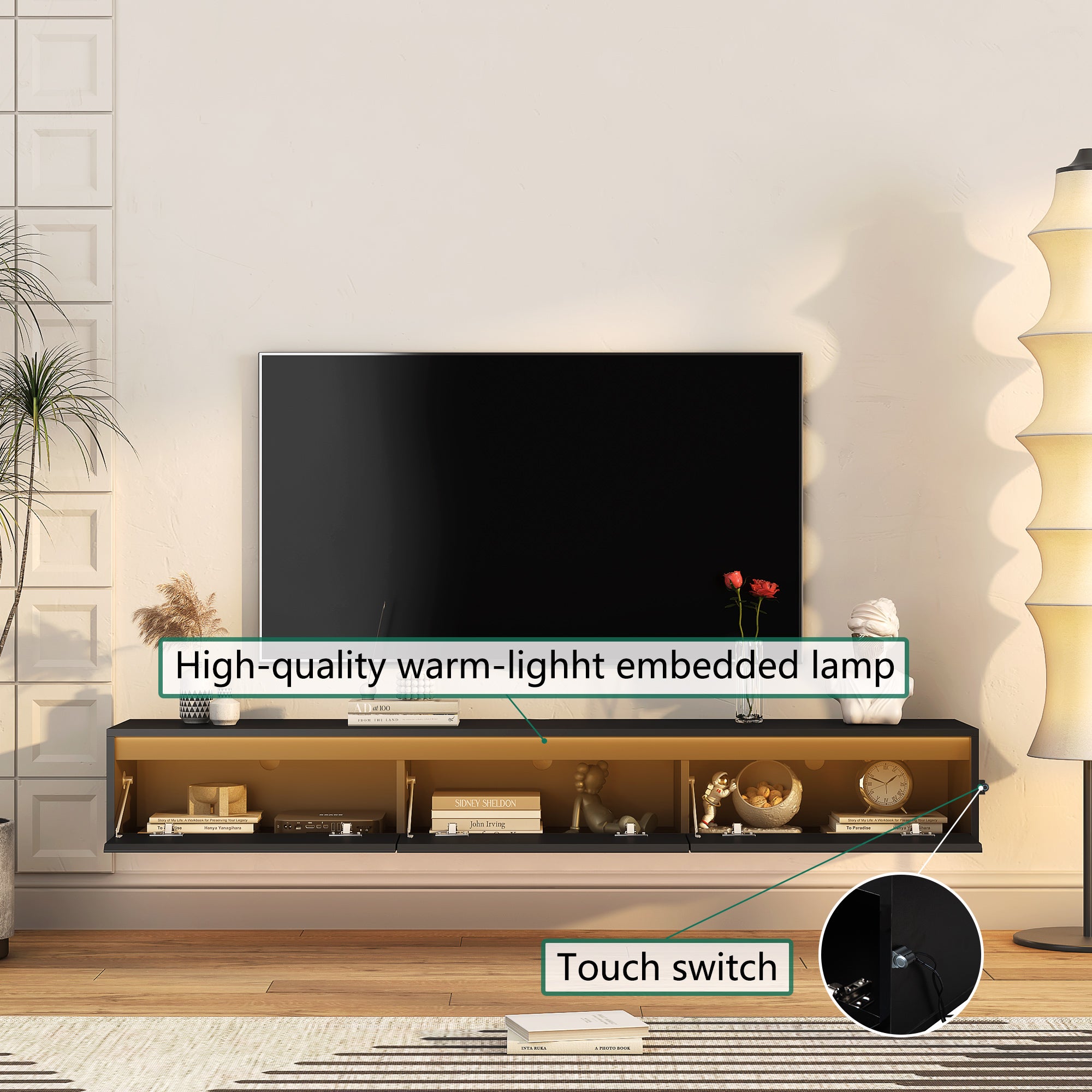 Schwebender TV-Ständer, Wandmontierter TV-Regal mit LED-Lichtern & Stromsteckdose, Hochglänzender TV-Schrank für schwarze TV-Ständer für das Wohnzimmer