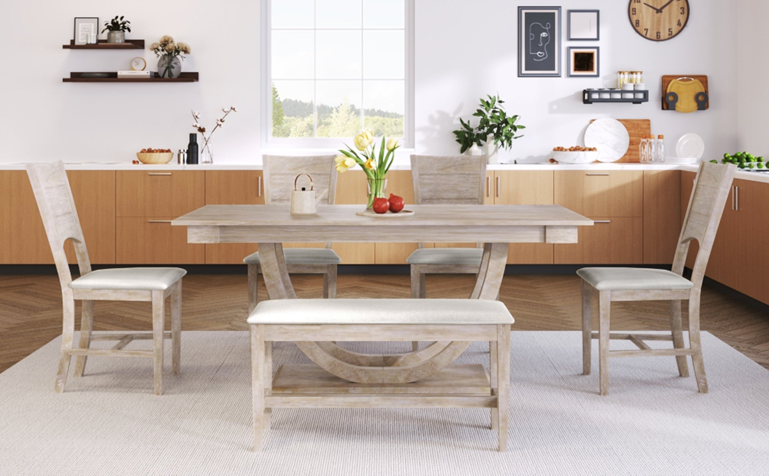 Natural Wood Dining Set Half-Round Table Bench
