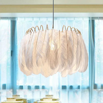 Feather & Metal Drum Pendant Light in White for Adult Bedroom - Romantic Suspension Lighting