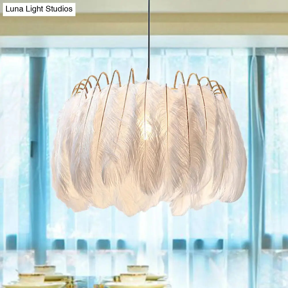 Feather & Metal Drum Pendant Light in White for Adult Bedroom - Romantic Suspension Lighting