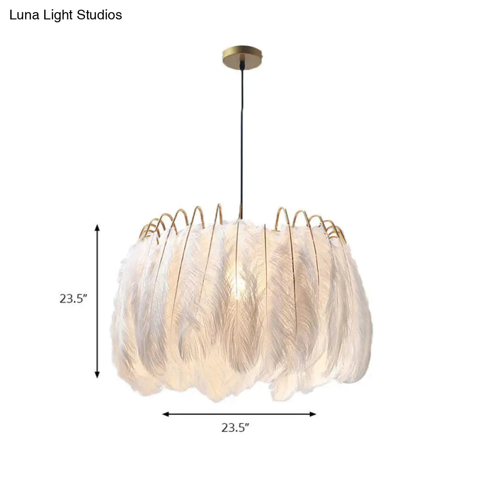 Feather & Metal Drum Pendant Light in White for Adult Bedroom - Romantic Suspension Lighting