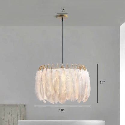 Feather White Bedroom Chandelier: Round Postmodern Hanging Lamp