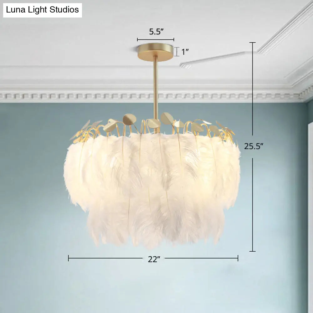 Feather White Bedroom Chandelier: Round Postmodern Hanging Lamp