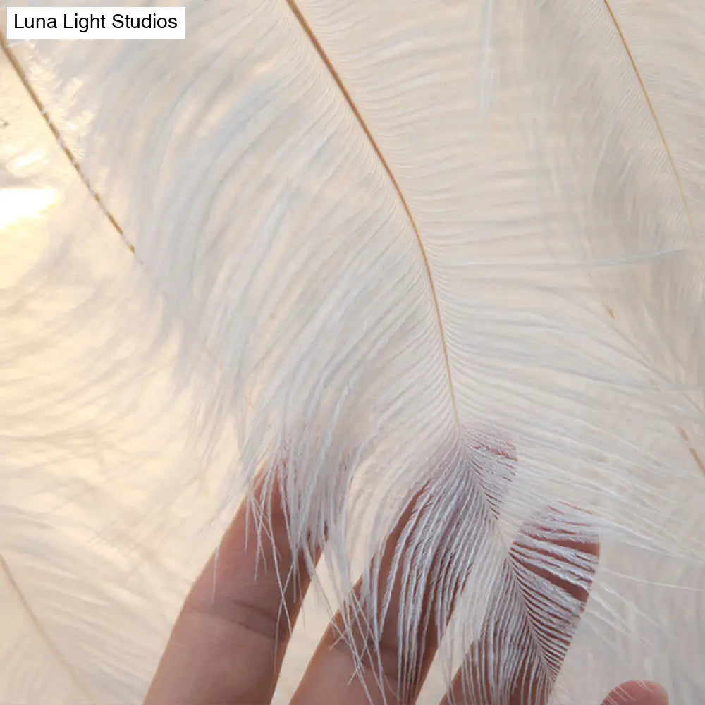 Feather White Bedroom Chandelier: Round Postmodern Hanging Lamp