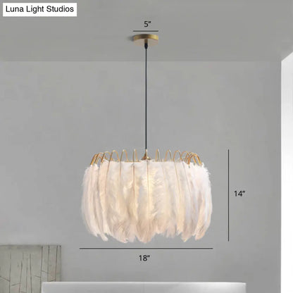 Feather White Bedroom Chandelier: Round Postmodern Hanging Lamp