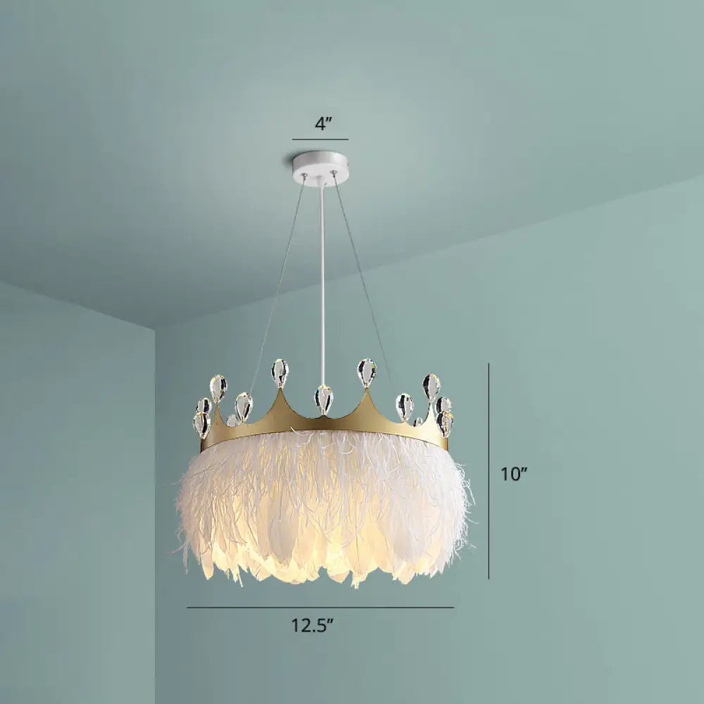 Feathered Crown Child Room Chandelier: Minimalist Pendant Lamp in White with Crystal Accents