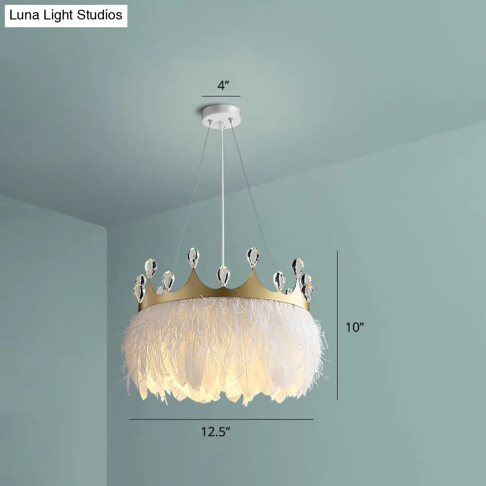 Feathered Crown Child Room Chandelier: Minimalist Pendant Lamp in White with Crystal Accents