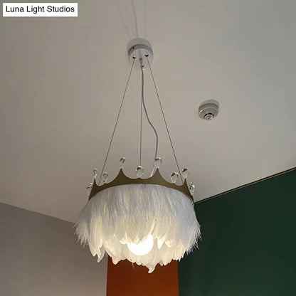 Feathered Crown Child Room Chandelier: Minimalist Pendant Lamp in White with Crystal Accents