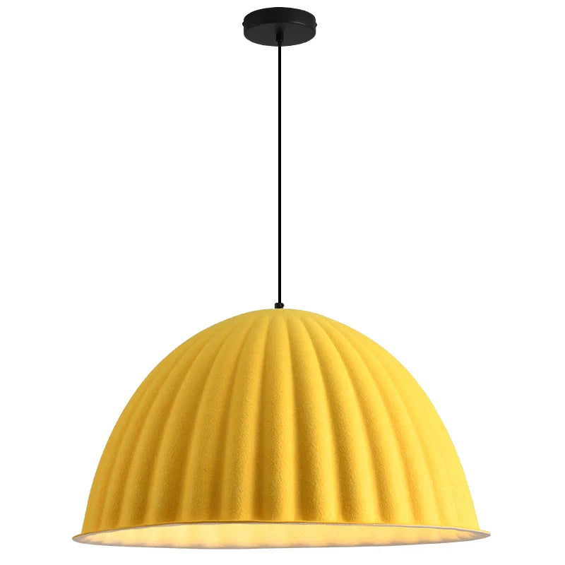 Yellow ribbed felt pendant light with black ceiling mount and cord designed as a pendant light acoustic for office use