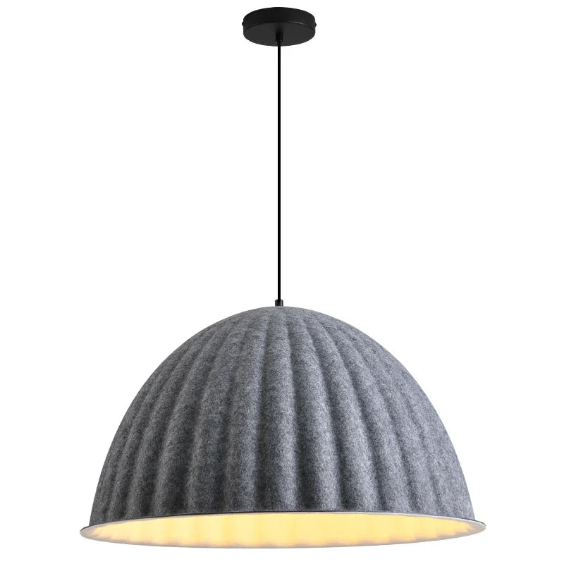 Gray felt dome pendant light with black ceiling mount and cord designed as a pendant light acoustic for office use