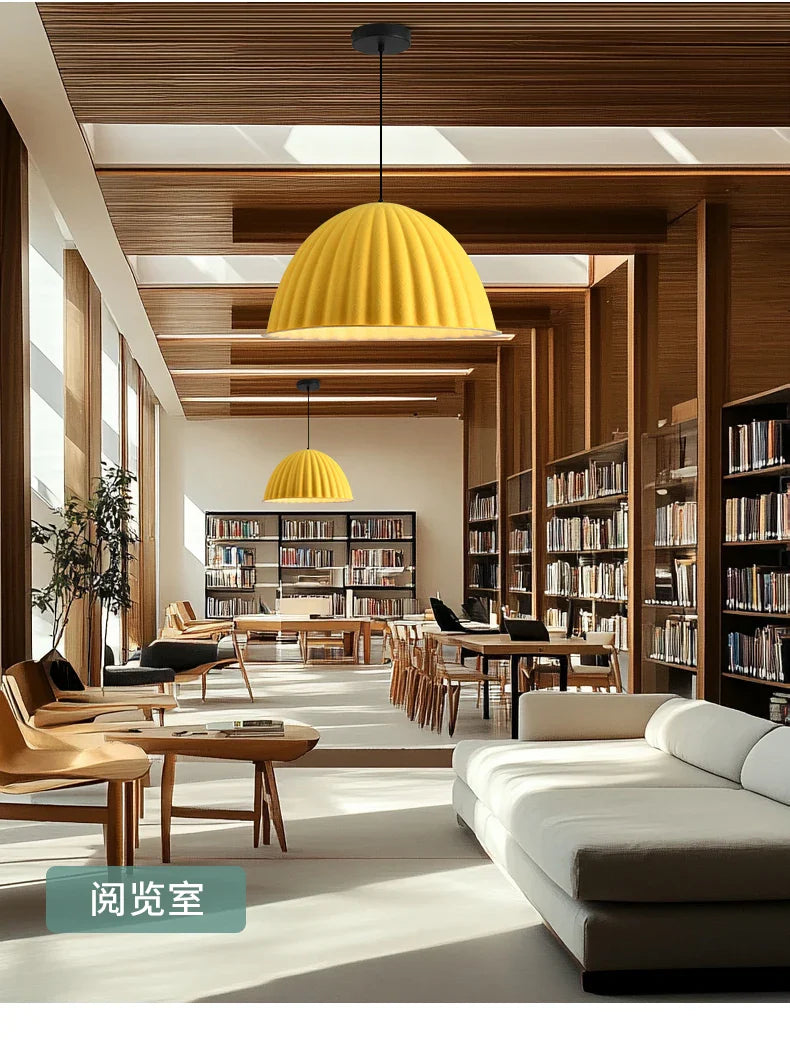 Vibrant yellow pleated felt pendant light acoustic office hanging from wooden ceiling for sound absorption