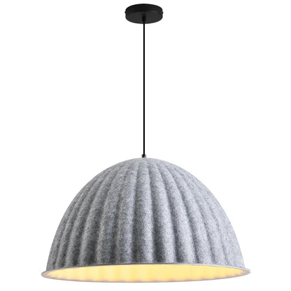 Gray felt dome pendant light with black ceiling mount and cord designed as a pendant light acoustic office solution